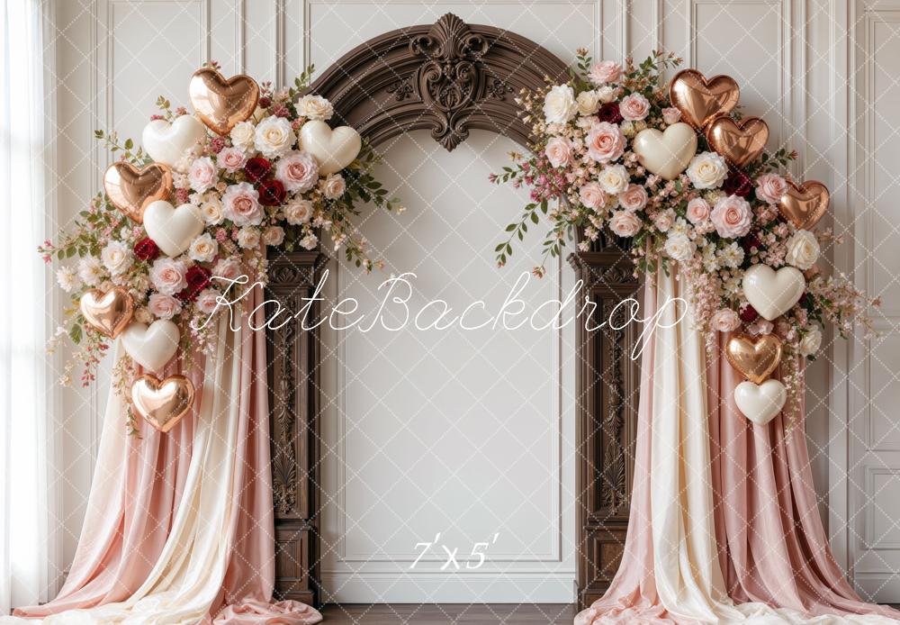 Kate Valentine's Day Flower Arch Heart Balloons Draped Curtains Printed Backdrop Designed by Mini MakeBelieve