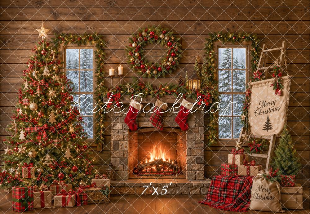 Kate Christmas Rustic Cabin Fireplace Tree Ladder Printed Backdrop Designed by Emetselch