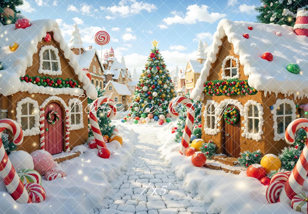 Kate Christmas Gingerbread Houses Village Candy Cane Christmas Tree Printed Backdrop Designed by Mini MakeBelieve
