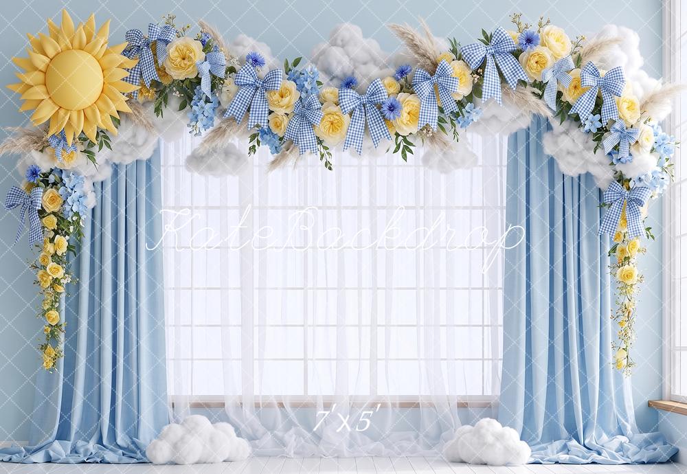 Kate Spring Floral Arch Blue Window Sun Clouds Gingham Bows Printed Backdrop Designed by Angela Miller