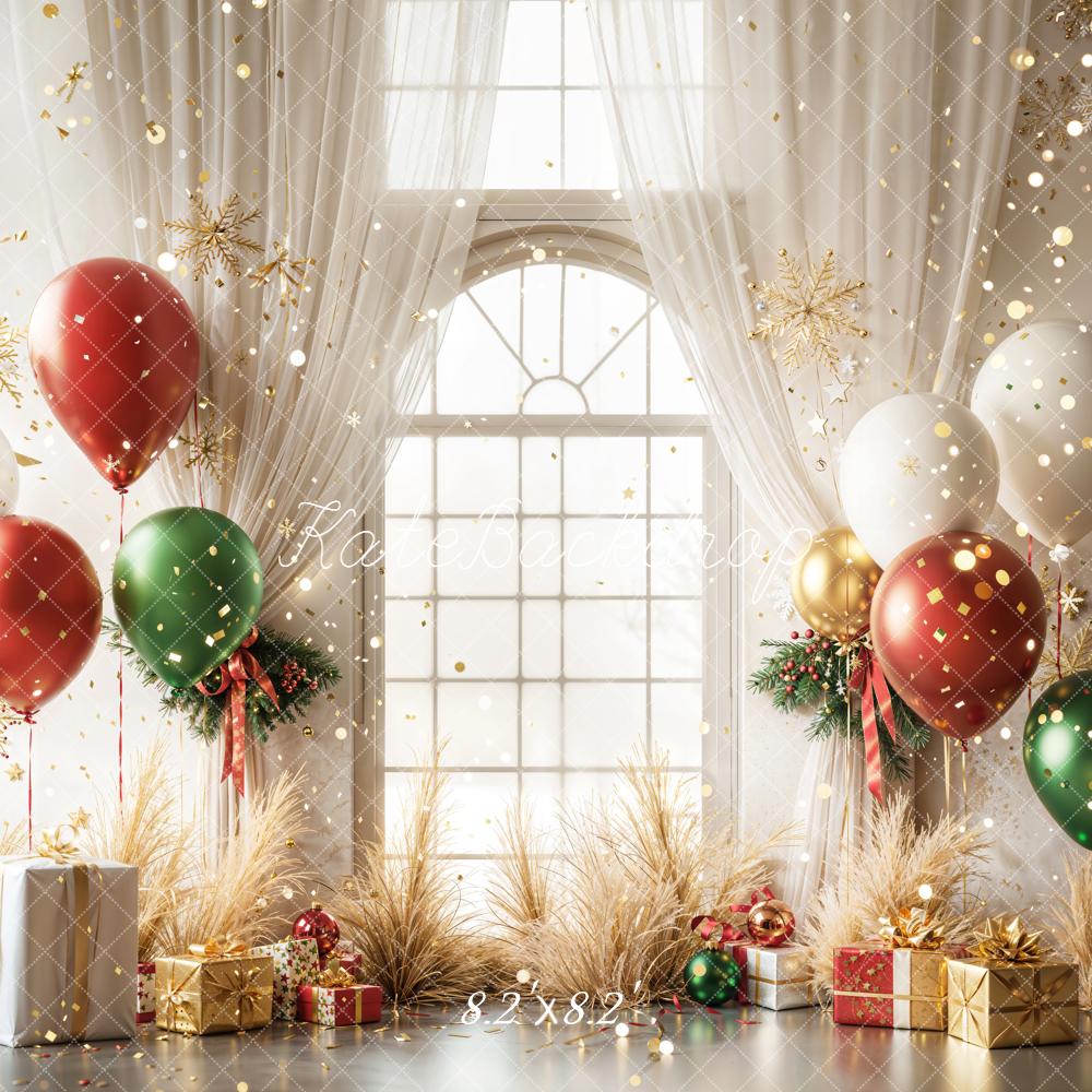 Fondo de Ventana Arqueada Navideña Rojo Verde con Globos y Regalos diseñado por Emetselch