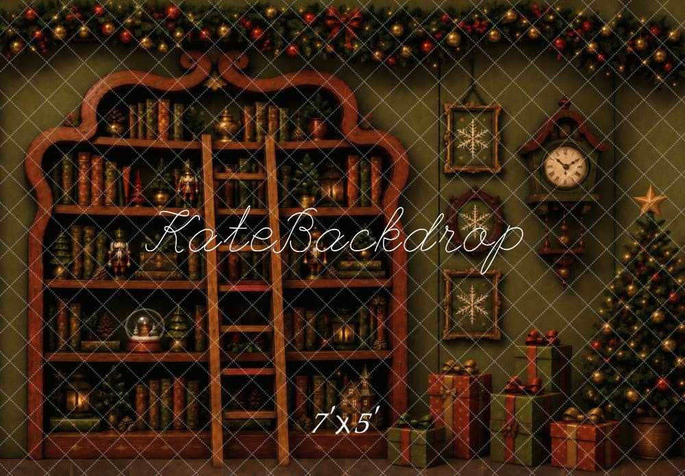 Kate Christmas Fantasy Green Bookshelf Tree Ladder Gifts Printed Backdrop Designed by Vertigo Productions