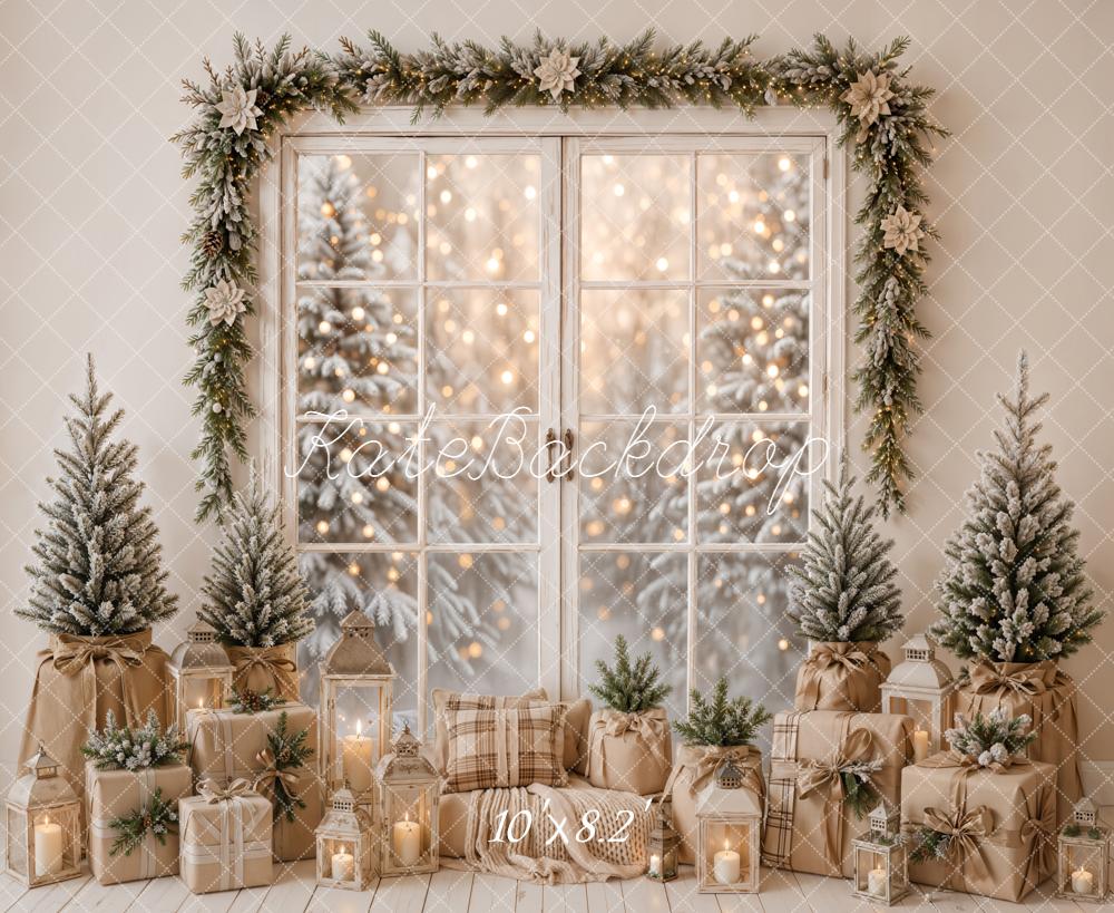 Kate Christmas Window Garland Rustic Frosted Trees Gifts Printed Backdrop Designed by Emetselch