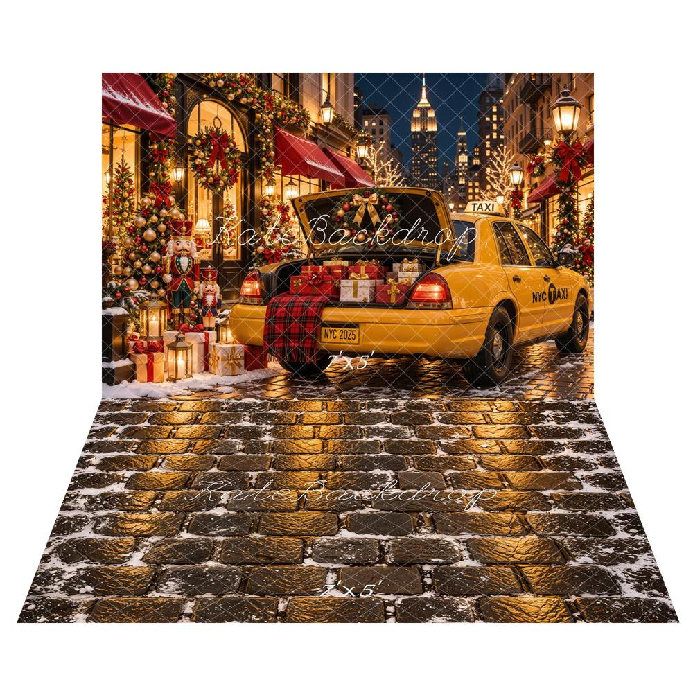 Kate Christmas Urban New York City Yellow Taxi Gifts Printed Backdrop+Winter Snowy Brick Floor Printed Backdrop