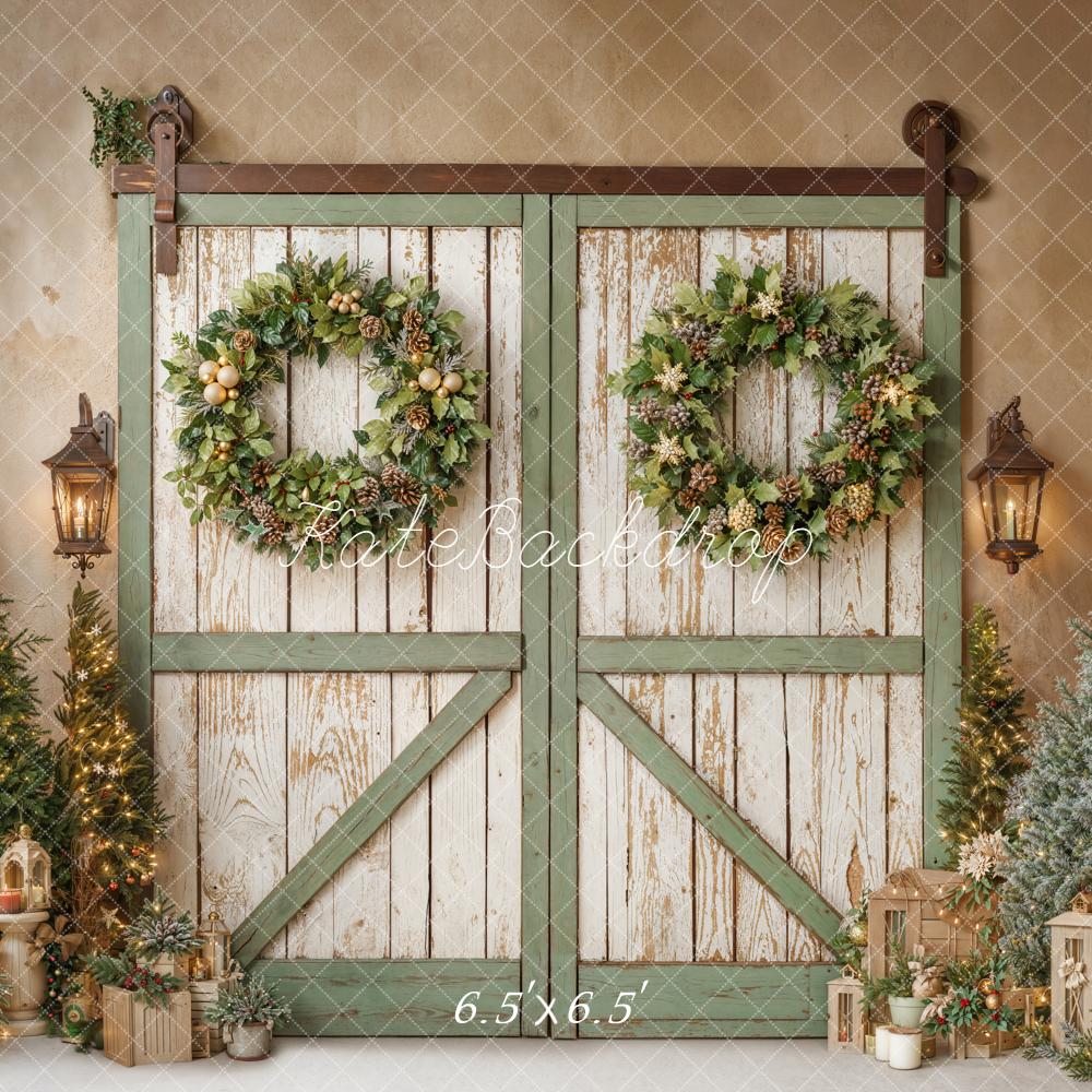 Kate Christmas Rustic Barn Door Wreath Green Backdrop Designed by Emetselch