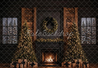 Kate Christmas Fireplace Christmas Trees Wreath Garland Presents Black Printed Backdrop Designed by Emetselch