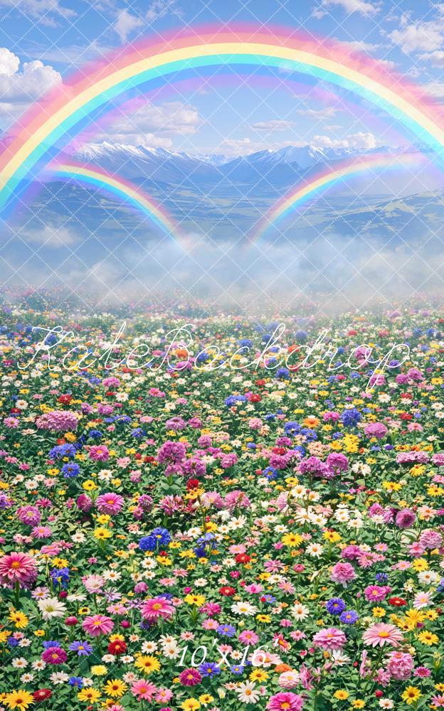 Kate Sweep Rainbow Mountain Flower Field Printed Backdrop Designed by Mini MakeBelieve