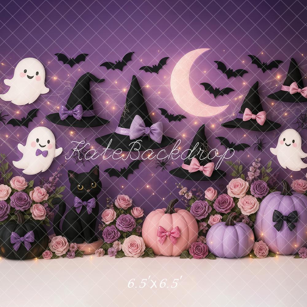 Fondo de Halloween Bruja Fantasmas Morados Calabazas Diseñado por Ashley Paul