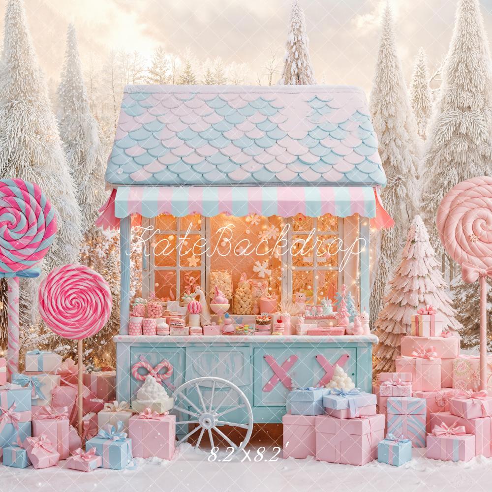 Kate Christmas Candy Stand Lollipops Gift Snowy Pastel Backdrop Designed by Emetselch