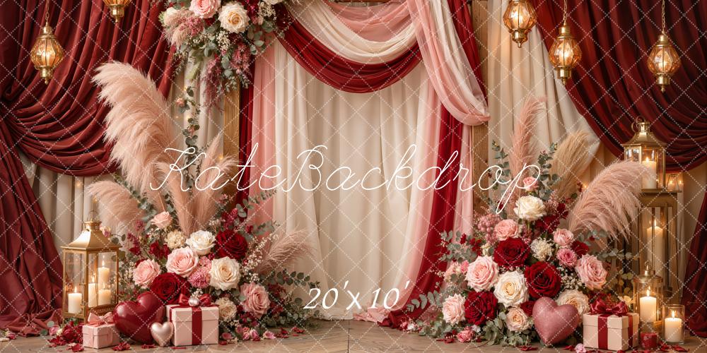 Kate Valentine's Day Boho Red Drapery Floral Lanterns Printed Backdrop Designed by Emetselch