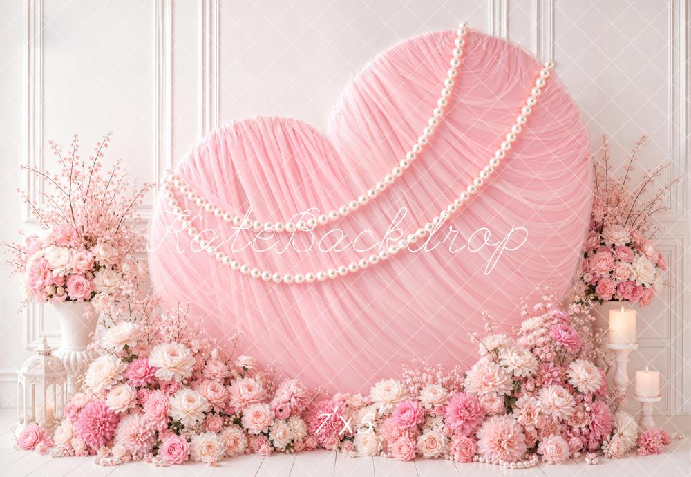 Kate Valentine's Day Pink Chiffon Heart Pearls Flowers Vases Printed Backdrop Designed by Emetselch