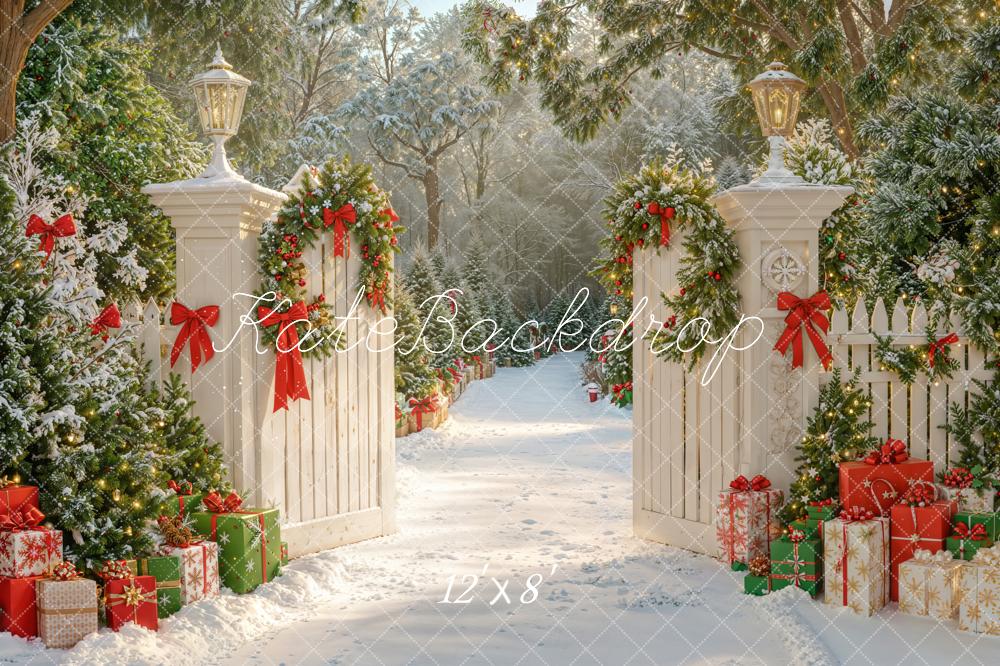 Kate Christmas Snowy Gate Garden Path Bow Backdrop Designed by Emetselch