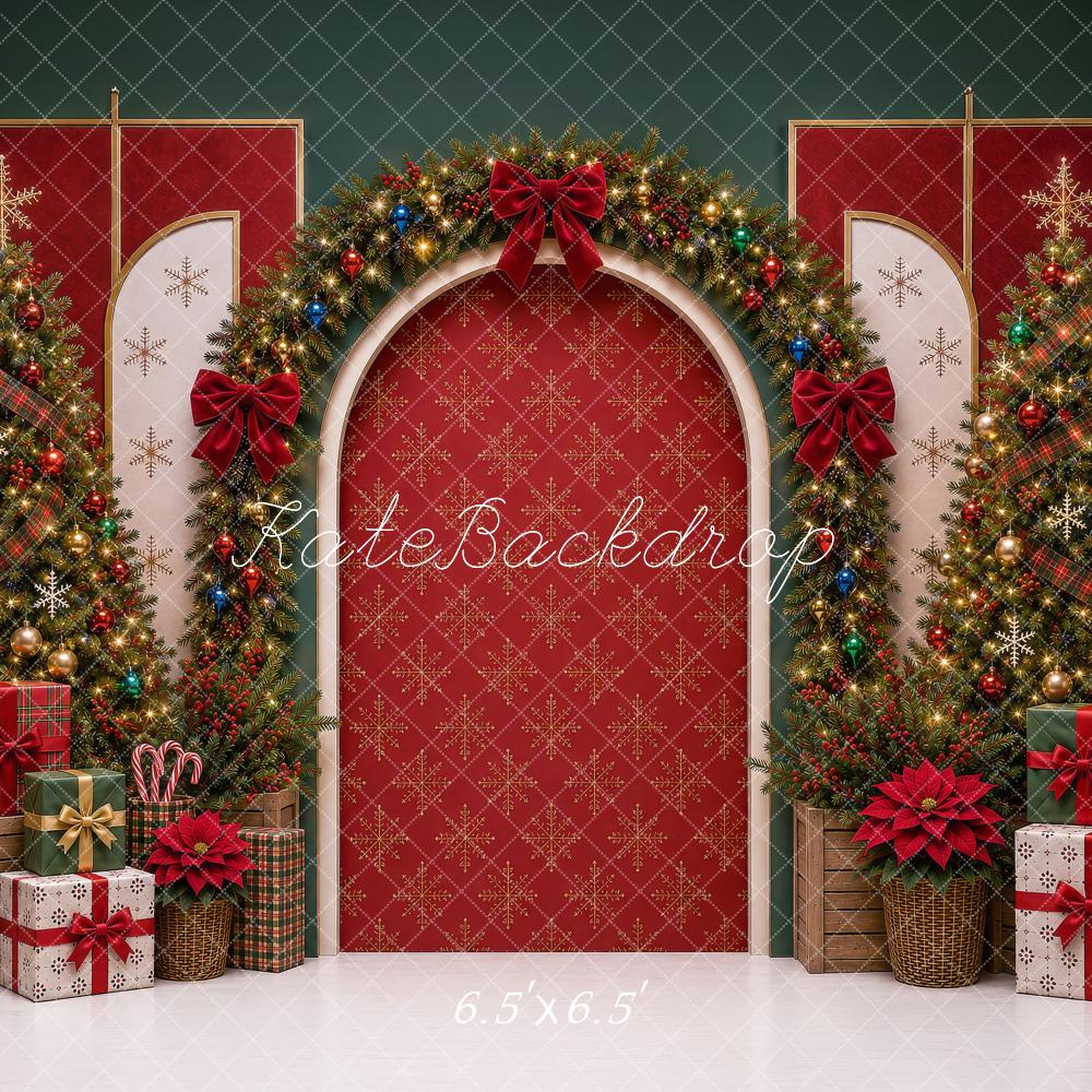 Kate Christmas Red Arch Garland Trees Presents Bow Printed Backdrop Designed by Shutter Swan Studios