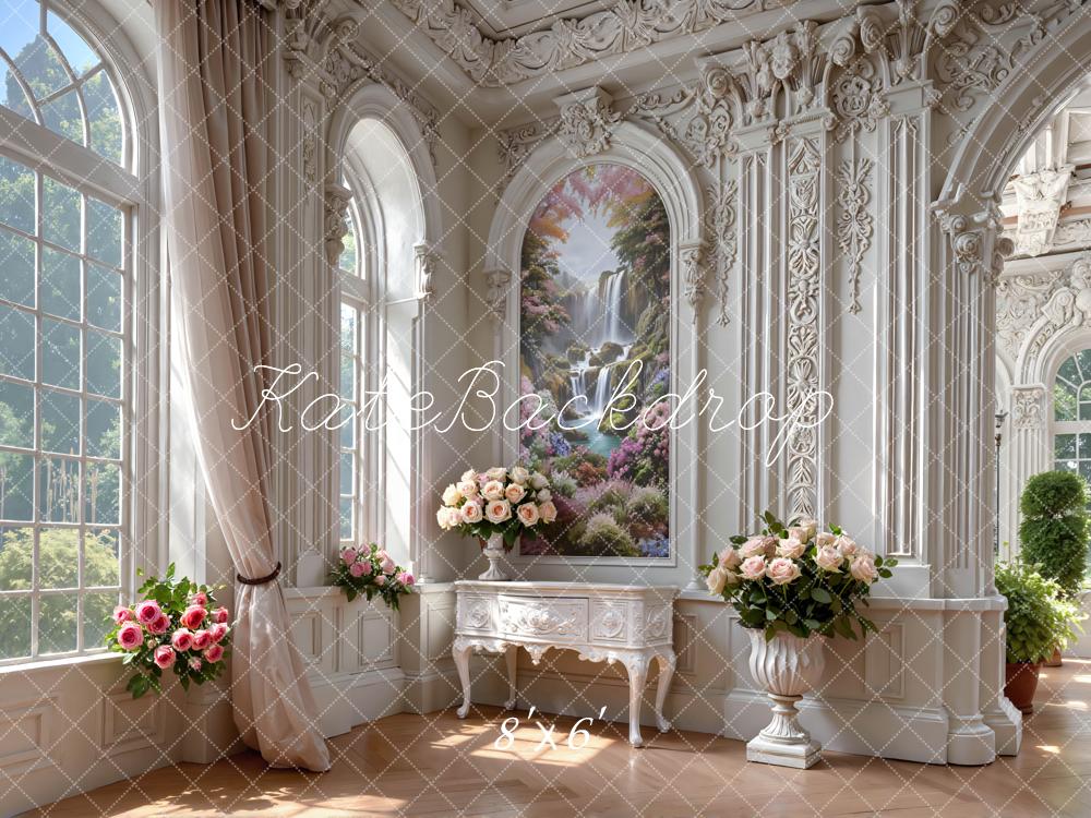 Kate Summer Elegant White Mansion Flowers Waterfall Window Printed Backdrop Designed by Mini MakeBelieve