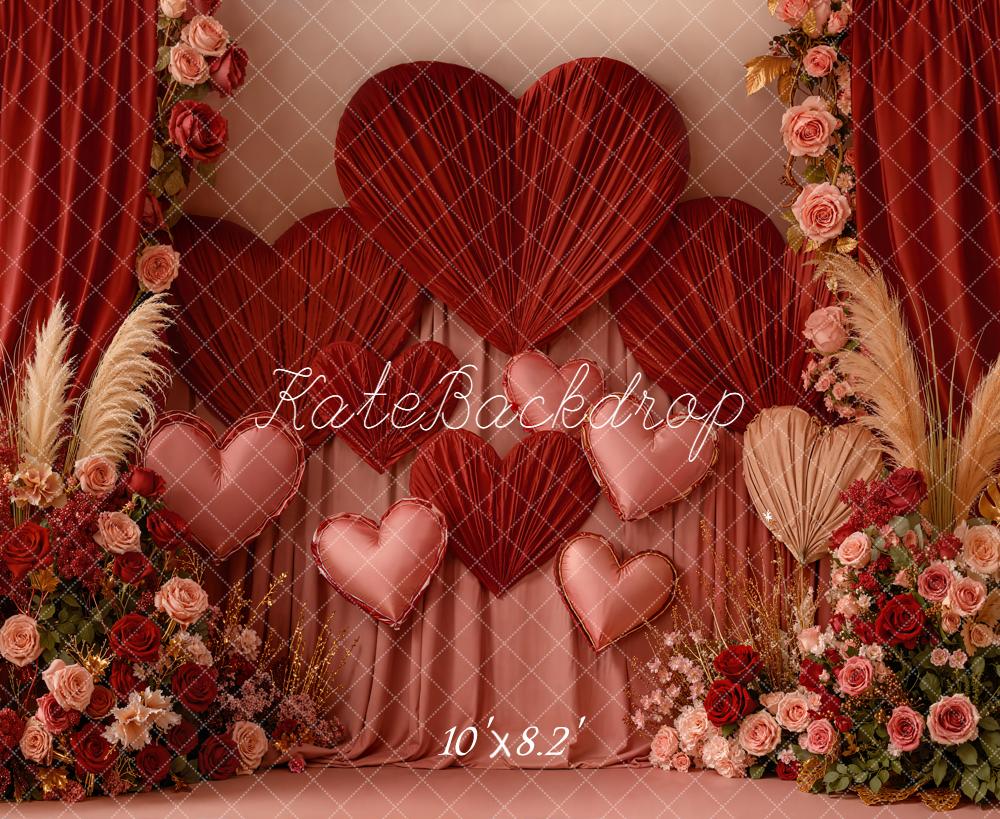 Kate Valentine's Day Red Hearts Roses Pampas Grass Backdrop Designed by Emetselch