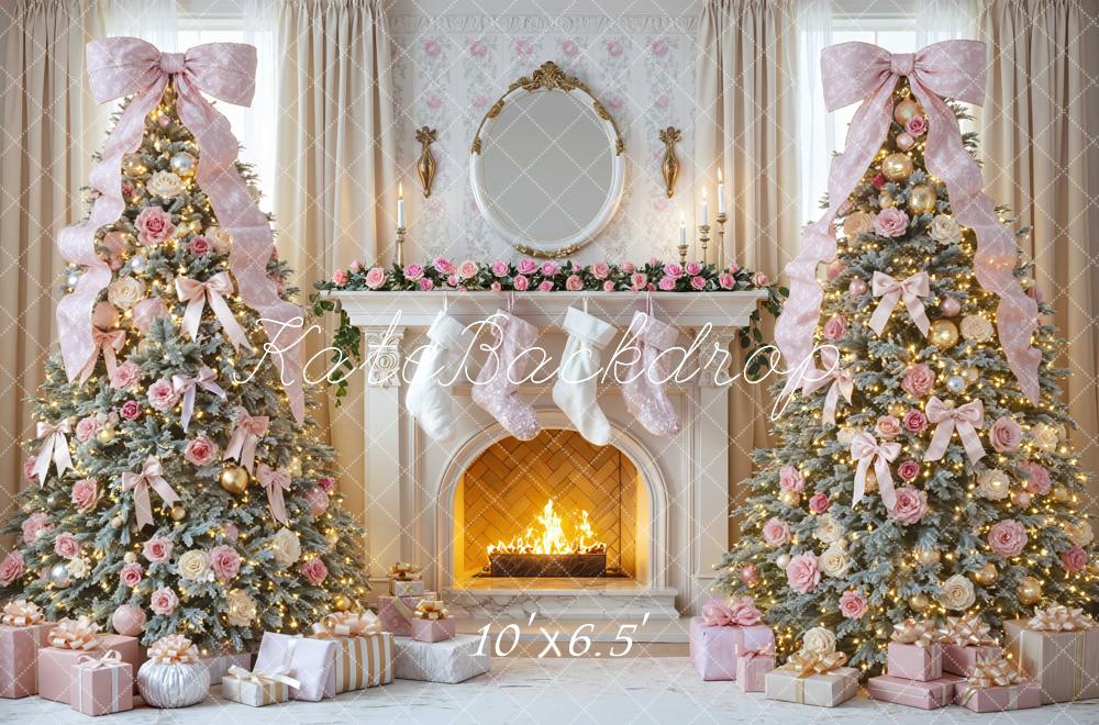 Kate Christmas Fireplace Pretty Pink Bow Trees Gifts Printed Backdrop Designed by Mini MakeBelieve