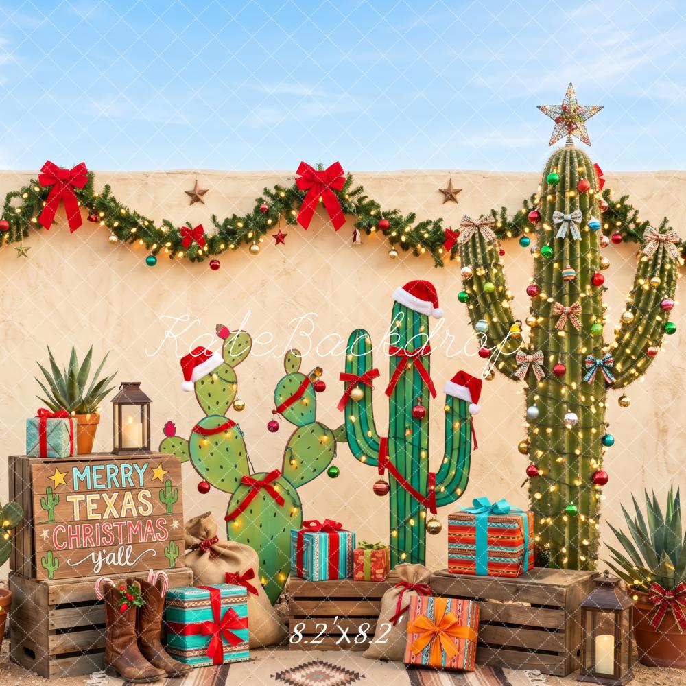 Kate Christmas Western Texas Cactus Garland Presents Printed Backdrop Designed by Patty Roberts