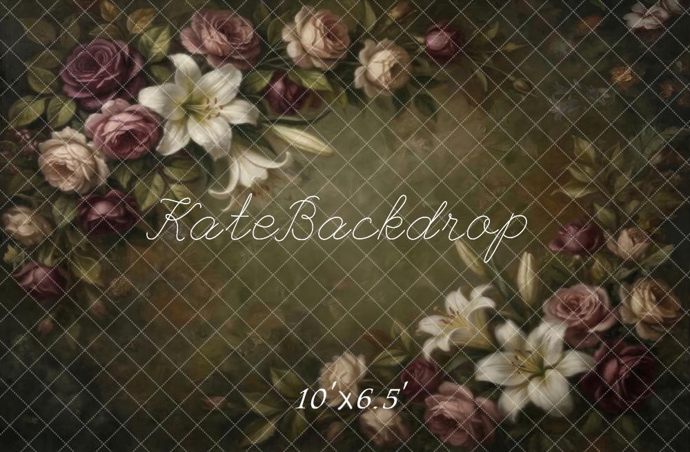 Kate Fine Art Vintage Roses Lilies Floral Arrangement Printed Backdrop Designed by Emetselch