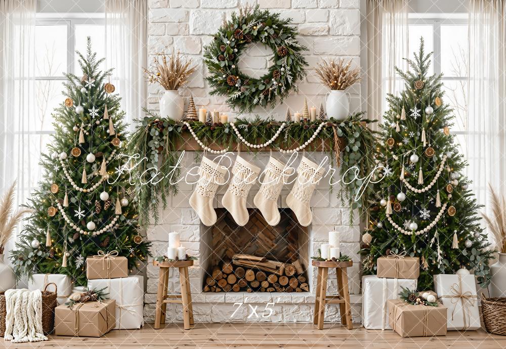Kate Christmas Trees Fireplace Wreath Garland Gifts White Stockings Printed Backdrop Designed by Emetselch