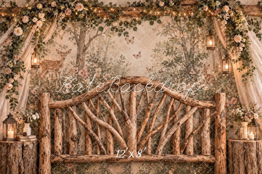 Kate Forest Headboard Rustic Brown Woodland Deer Lanterns Printed Backdrop Designed by Laura Bybee