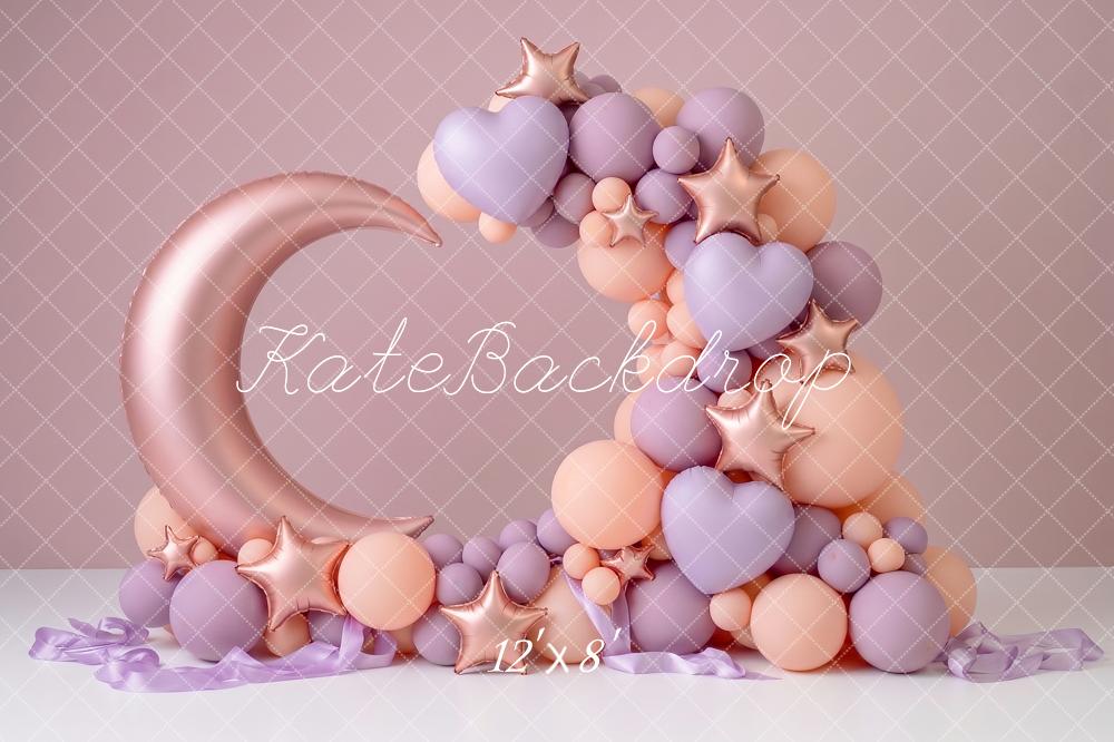 Kate Birthday Crescent Moon Stars Pink Pastel Balloon Printed Backdrop Designed by Angela Miller