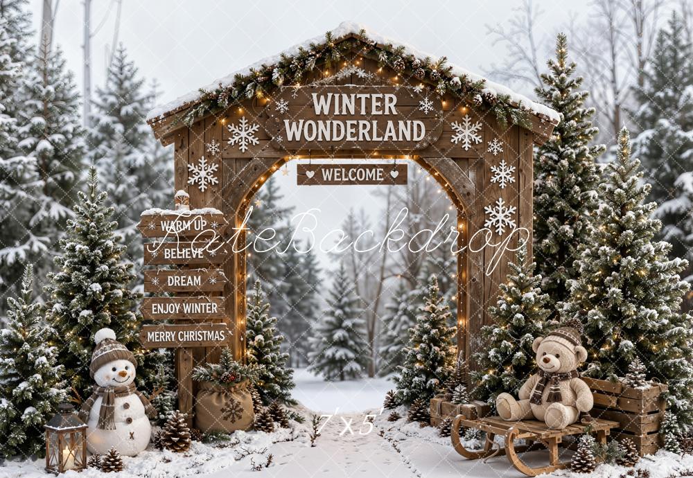 Kate Christmas Winter Wonderland Wood Arch Snowy Pines Snowman Printed Backdrop Designed by Emetselch