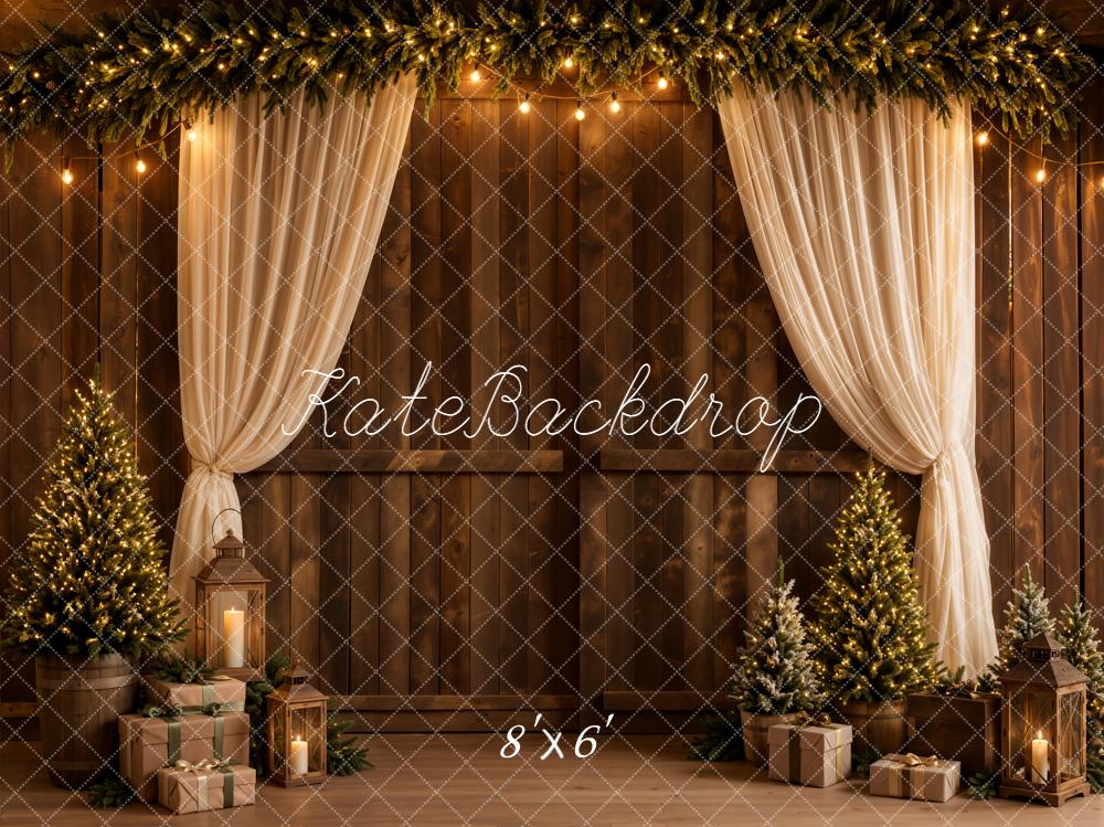 Kate Christmas Tree Garland Curtain Rustic Wooden Wall Printed Backdrop Designed by Emetselch