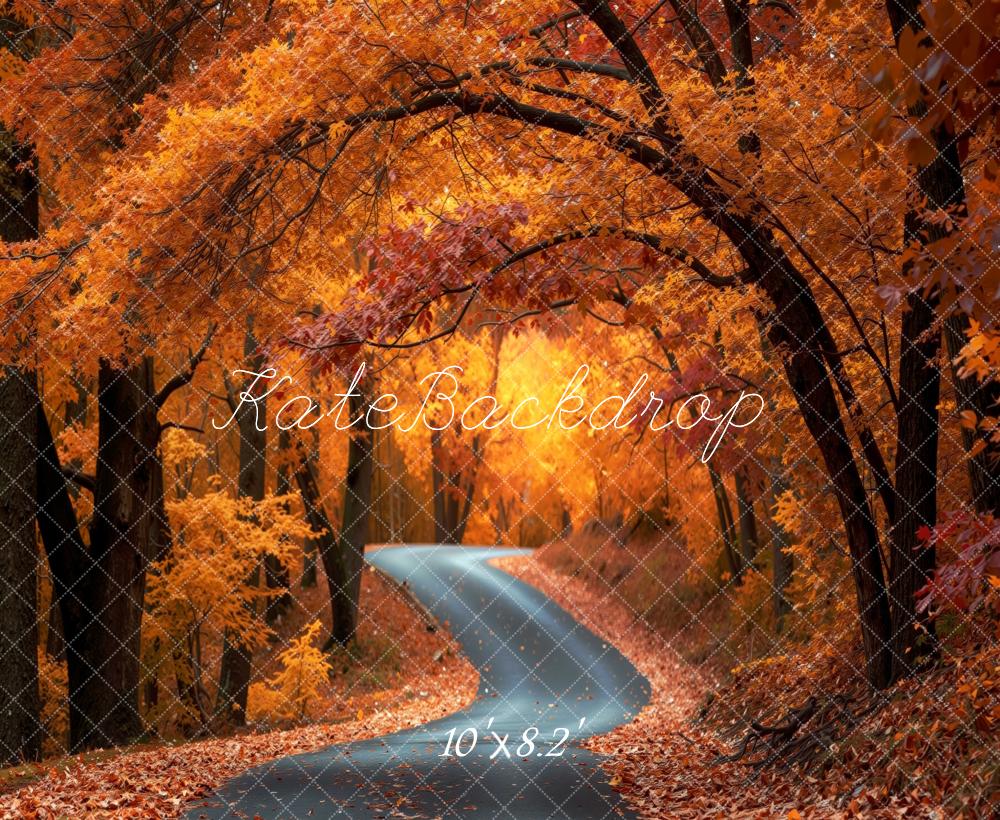 Kate Fall Forest Winding Road Orange Leaves Printed Backdrop Designed by Mini MakeBelieve