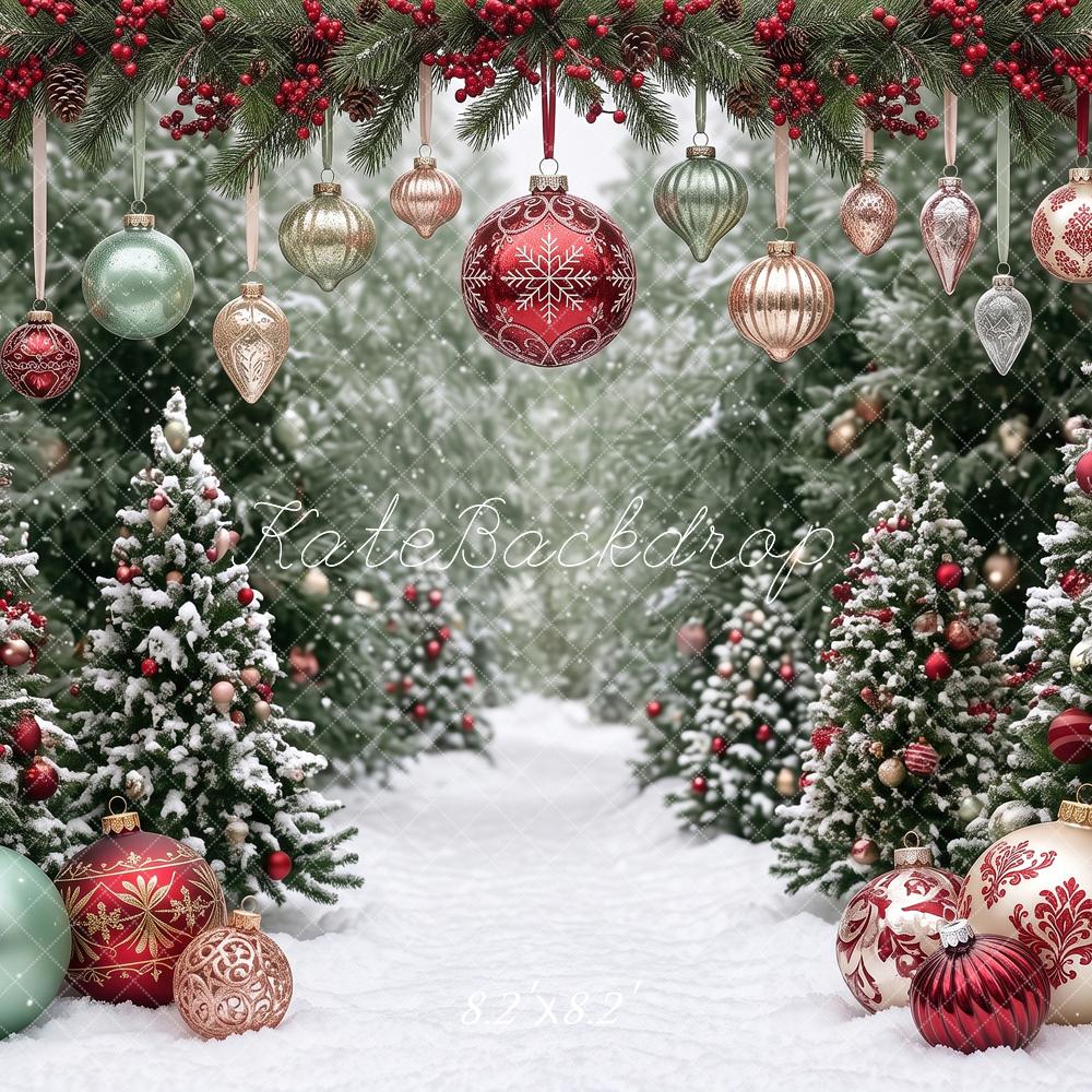 Kate Christmas Snowy Trees Ornament Garland Winter wonderland Printed Backdrop Designed by Angela Miller