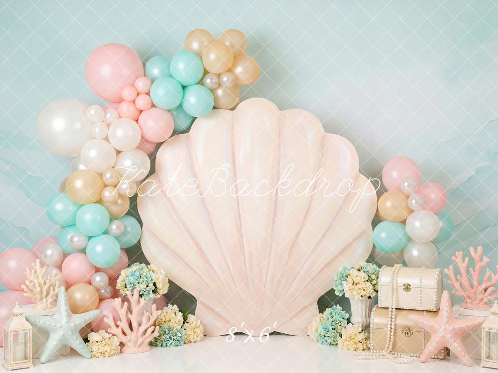 Kate Cake Smash Seashell Balloons Starfish Coral Pastel Backdrop Designed by Patty Roberts