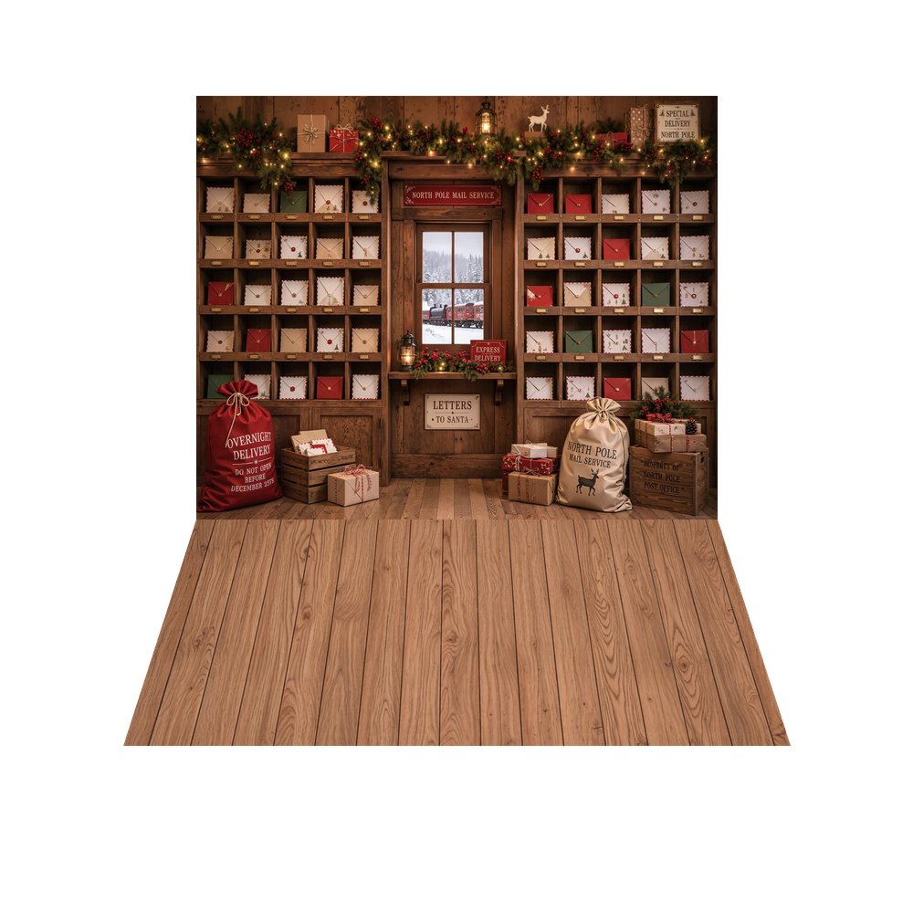 Kate Christmas North Pole Mail Room Letters Presents Shelves Garland Printed Backdrop+Brown Wood Plank Retro Wall Printed Backdrop