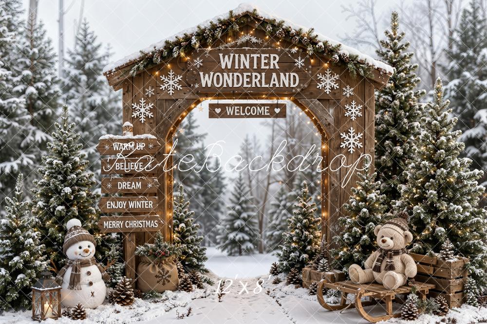 Kate Christmas Winter Wonderland Wood Arch Snowy Pines Snowman Printed Backdrop Designed by Emetselch