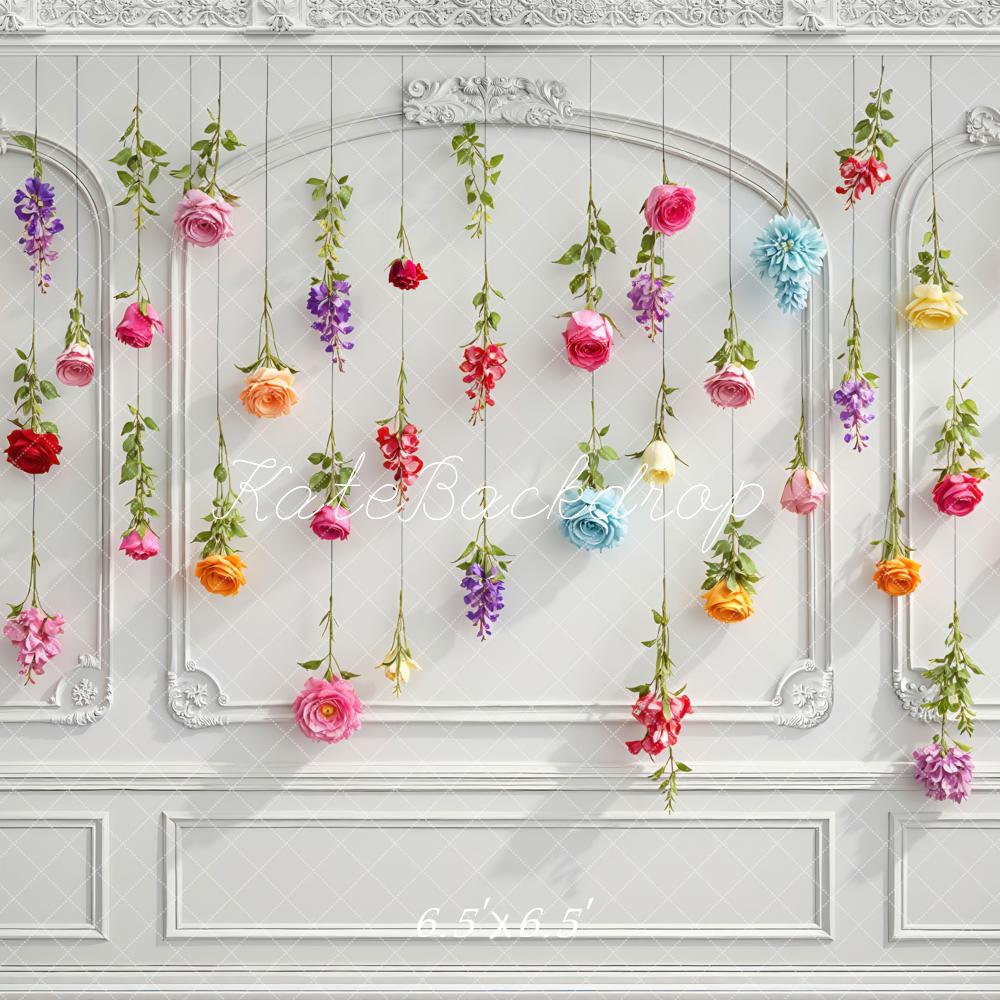 Kate Spring Hanging Flowers White Retro Wall Backdrop Designed by Mini MakeBelieve