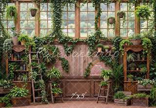 Kate Spring Greenhouse Garden Windows Brick Arch Cabinet Plants Printed Backdrop Designed by Mini MakeBelieve