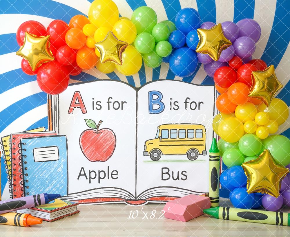 Kate Back To School ABC Apple Bus Rainbow Balloons Backdrop Designed by Chain Photography