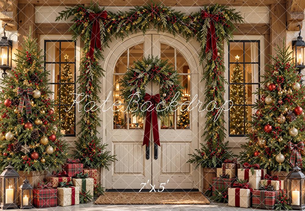 Kate Christmas White Front Door Garland Wreath Trees Printed Backdrop Designed by Shutter Swan Studios