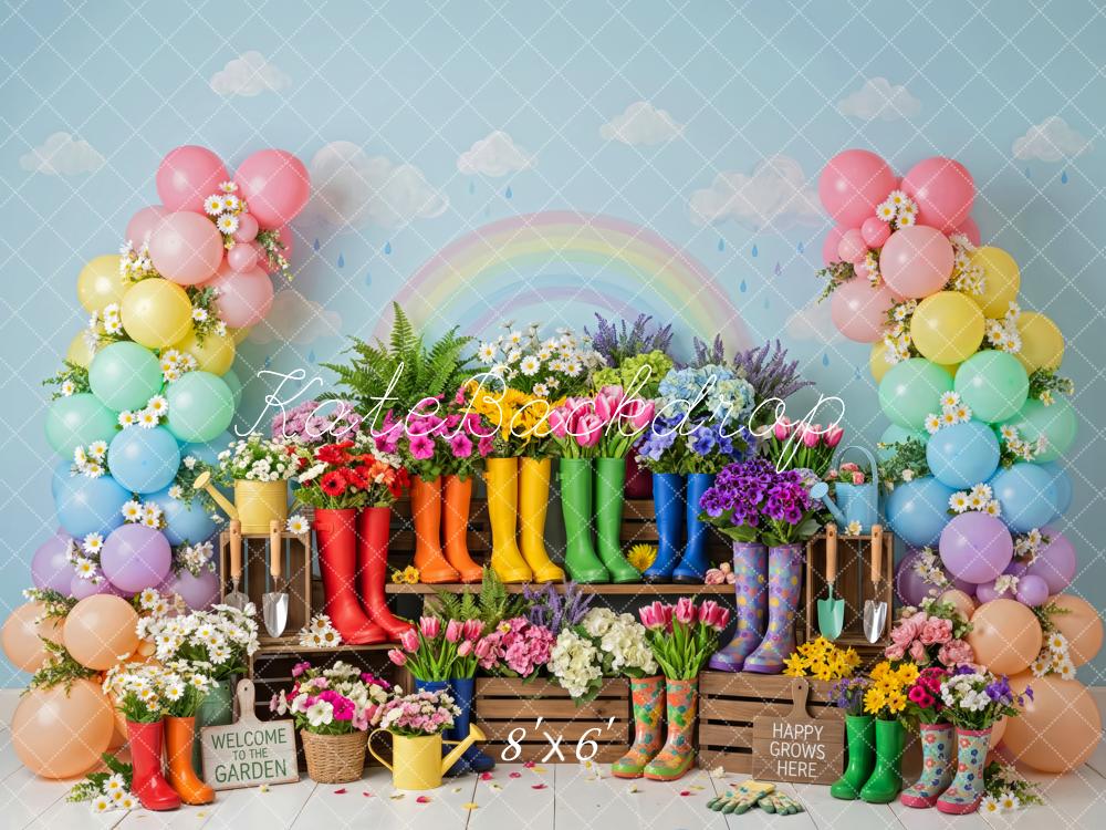 Kate Spring Birthday Garden Balloon Arch Flowers Rain Boots Rainbow Printed Backdrop Designed by Patty Roberts