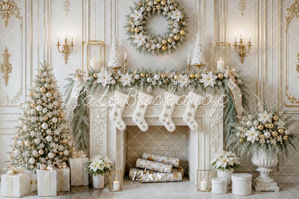Kate Christmas Vintage Gold Fireplace Tree Wreath Printed Backdrop Designed by Mini MakeBelieve