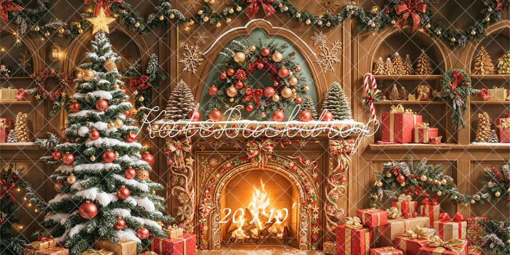 Kate Christmas Fireplace Gingerbread Tree Garland Presents Backdrop Designed by Emetselch