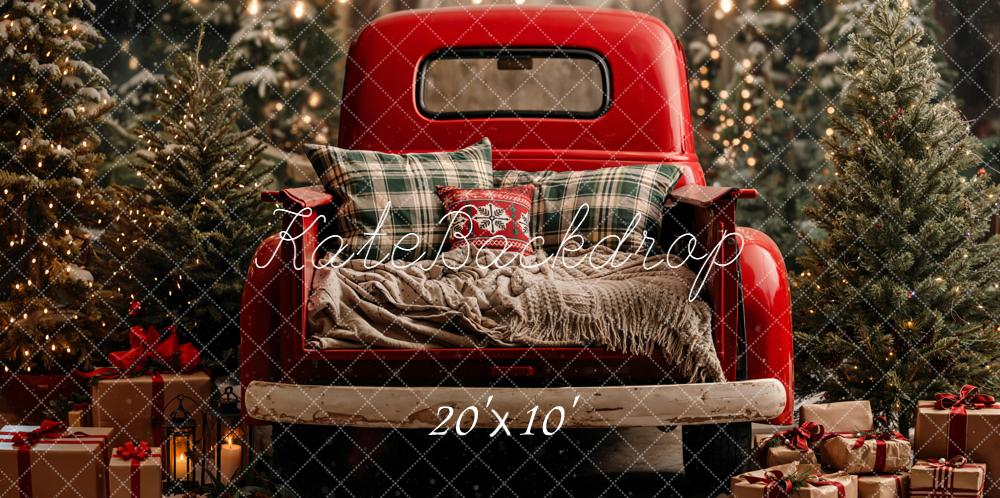 Kate Christmas Red Truck Pine Trees String Lights Backdrop Designed by Emetselch