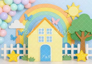 Kate Birthday Rainbow House Pastel Cartoon Printed Backdrop Designed by Mini MakeBelieve
