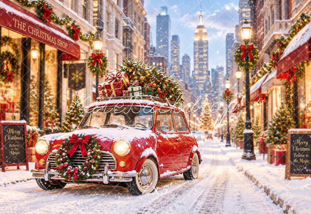Kate Christmas Snowy City Street Red Car Shop Printed Backdrop Designed by Emetselch