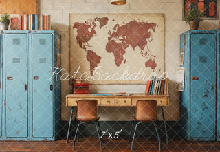 Kate Back To School Vintage Blue Locker Map Printed Backdrop Designed by Emetselch