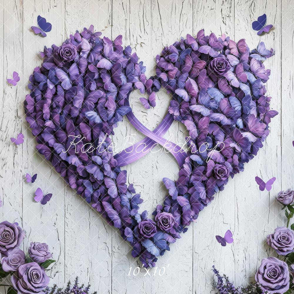 Sfondo in Legno con Farfalle e Cuori Floreali Viola Designed by Mini MakeBelieve