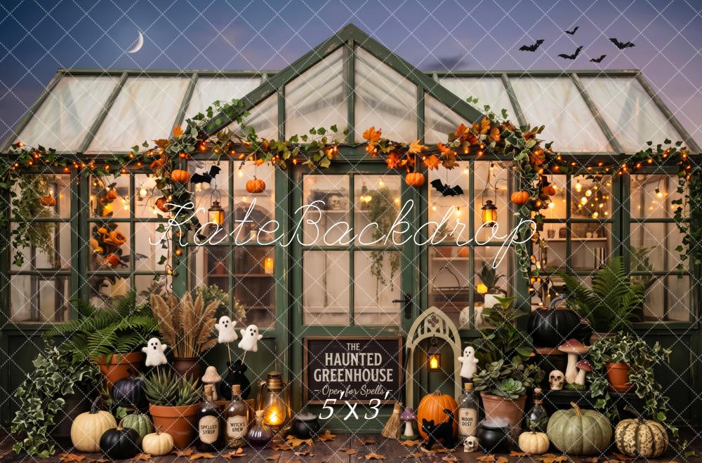 Kate Halloween Haunted Greenhouse Pumpkins Leaves Printed Backdrop Designed by Patty Roberts