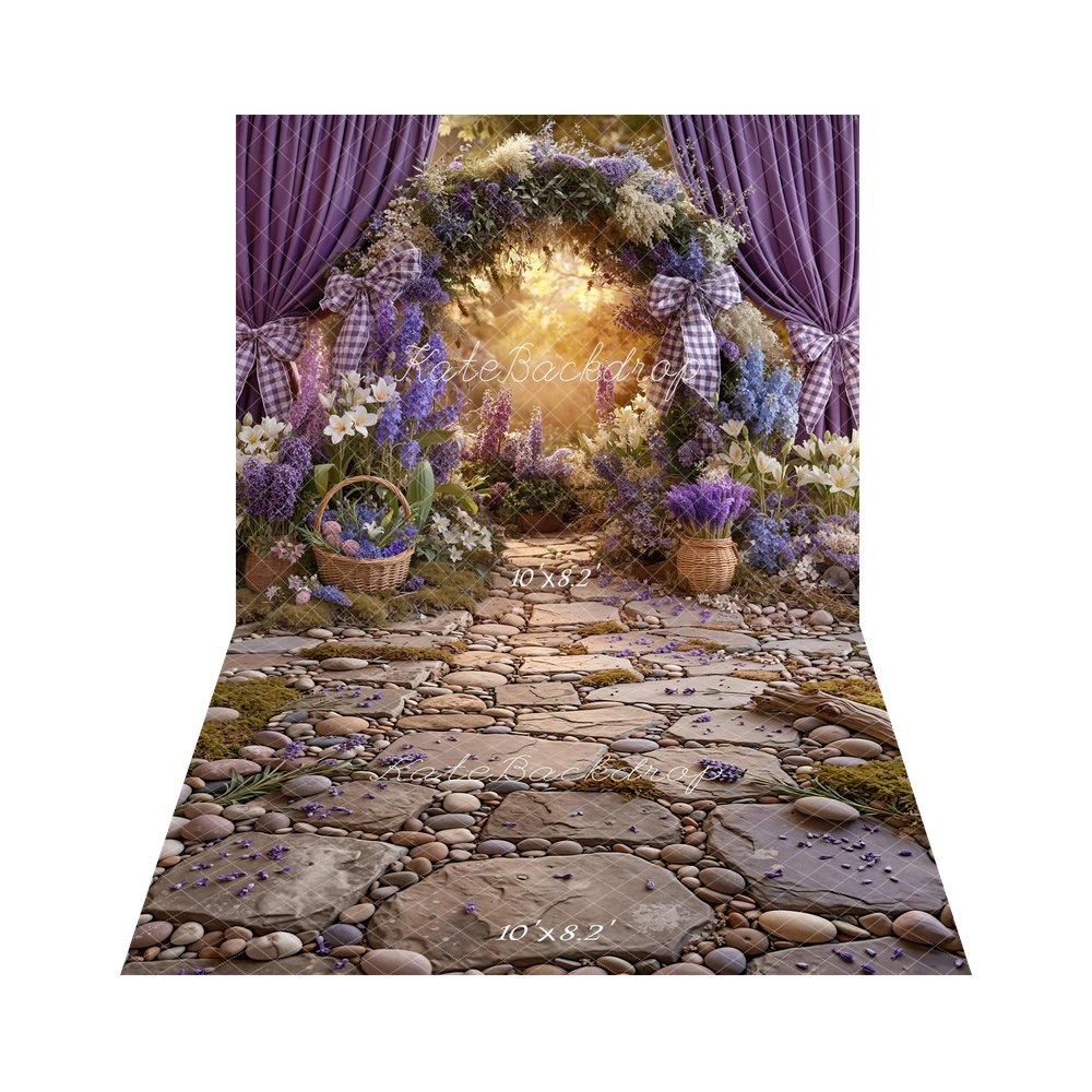 Kate Spring Flower Arch Purple Curtains Baskets Pathway Printed Backdrop+Cobblestone Path Moss Pebbles Driftwood Printed Backdrop