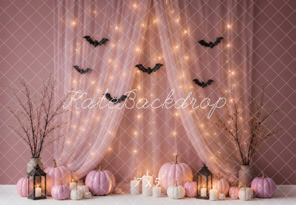 Kate Halloween Blush Pink Pumpkins Bats Fairy Lights Printed Backdrop Designed by Vertigo Productions