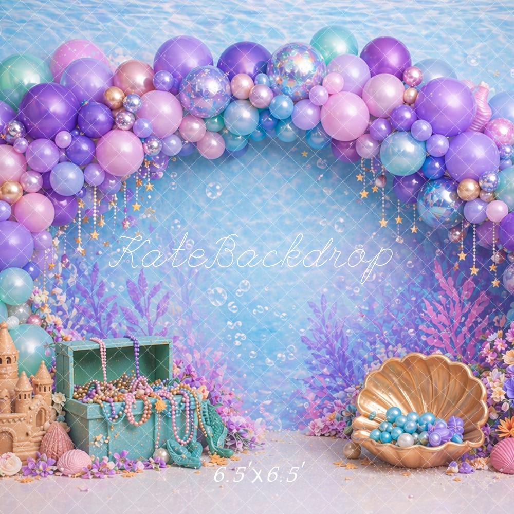 Kate Mermaid Balloon Arch Shell Sandcastle Underwater Printed Backdrop Designed by Caitlin Lynch