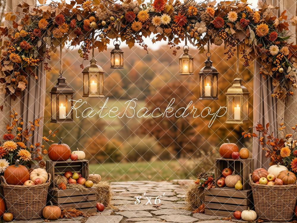 Kate Fall Flower Arch Pumpkins Lanterns Printed Backdrop Designed by Patty Roberts