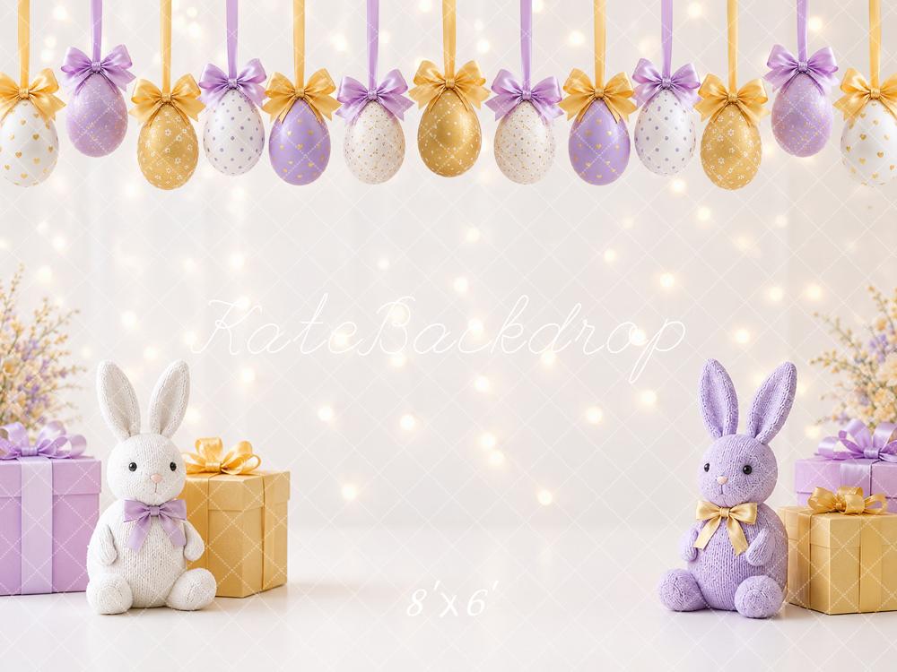 Kate Easter Bunny Purple Gold Eggs Gifts Flowers Printed Backdrop Designed by Angela Miller